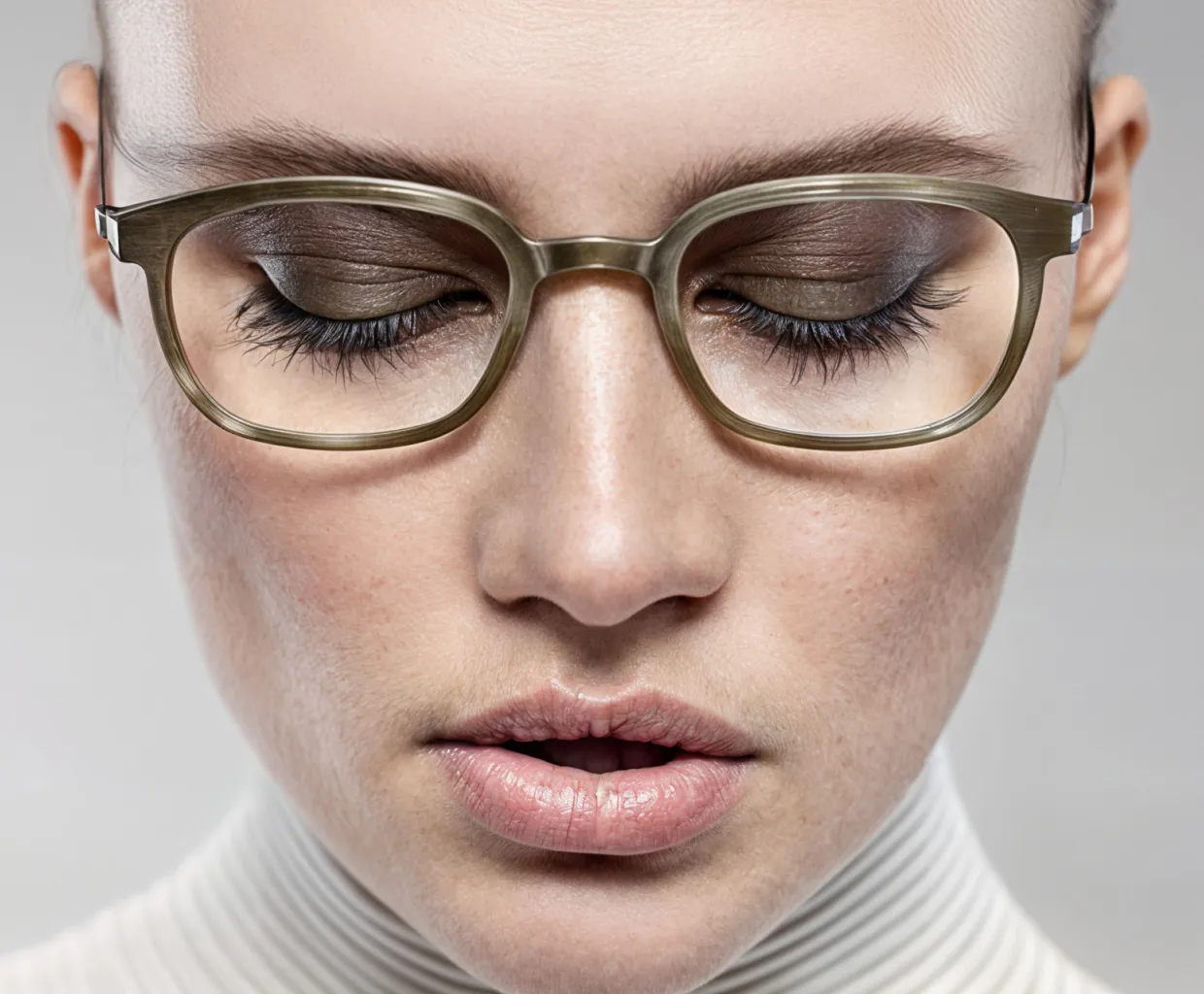 Close-up van een vrouw met gesloten ogen, bruine oogschaduw en een bril met metalen montuur.